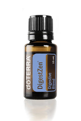 doTERRA DigestZen frasco frontal mostrando diseño y tamaño práctico