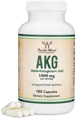 Double Wood Supplements frasco AKG frente mostrando etiquetado y dosis