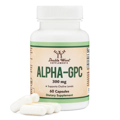 Double Wood Alpha GPC frontal del envase mostrando 60 cápsulas y beneficios