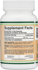 Detalle de la etiqueta Double Wood Alpha Lipoic Acid con información de dosis
