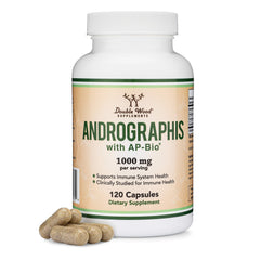 Double Wood Andrographis frasco frontal mostrando etiqueta y beneficio de concentración