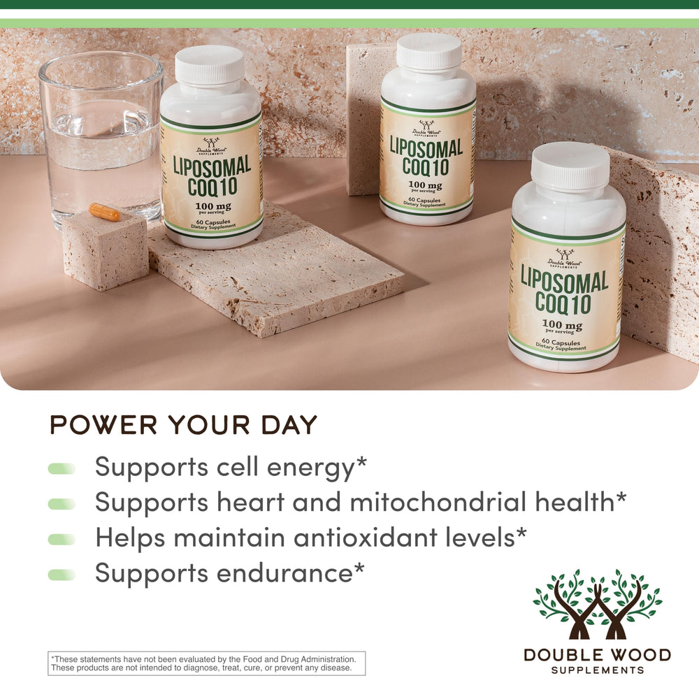Double Wood CoQ10 liposomal etiqueta clara para verificar ingredientes