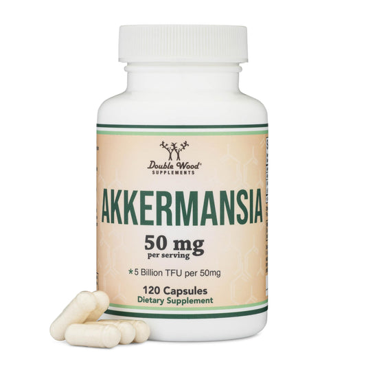 Double Wood frasco Akkermansia frontal mostrando etiqueta y beneficio de dos meses