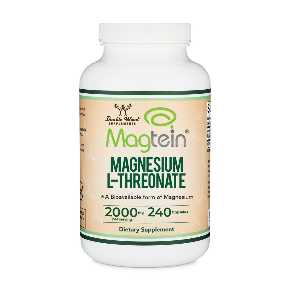 Double Wood frasco frontal Magtein mostrando etiqueta clara y beneficios