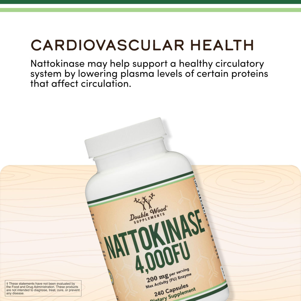Botella Double Wood Nattokinase abierta con cápsulas visibles para ver la cantidad por frasco