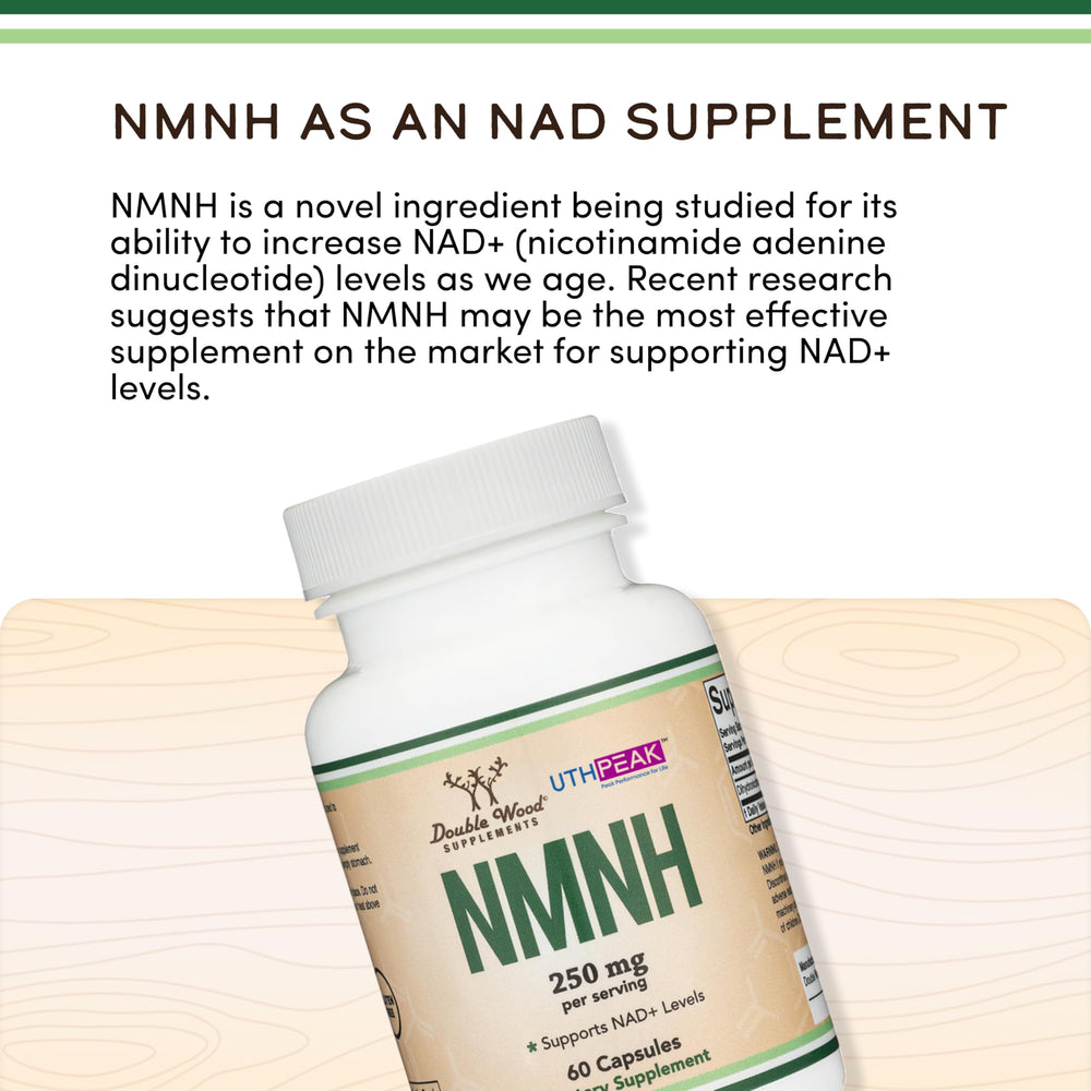 Double Wood NMNH detalle de etiqueta mostrando ingredientes y pureza, trazabilidad