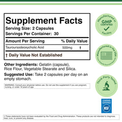 Double Wood TUDCA etiqueta nutricional mostrando dosificación y pureza