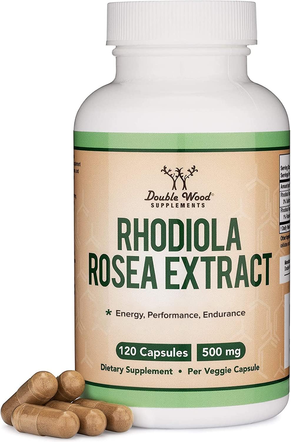 Double Wood Rhodiola Rosea 500mg, botella: cápsulas veganas para energía mental