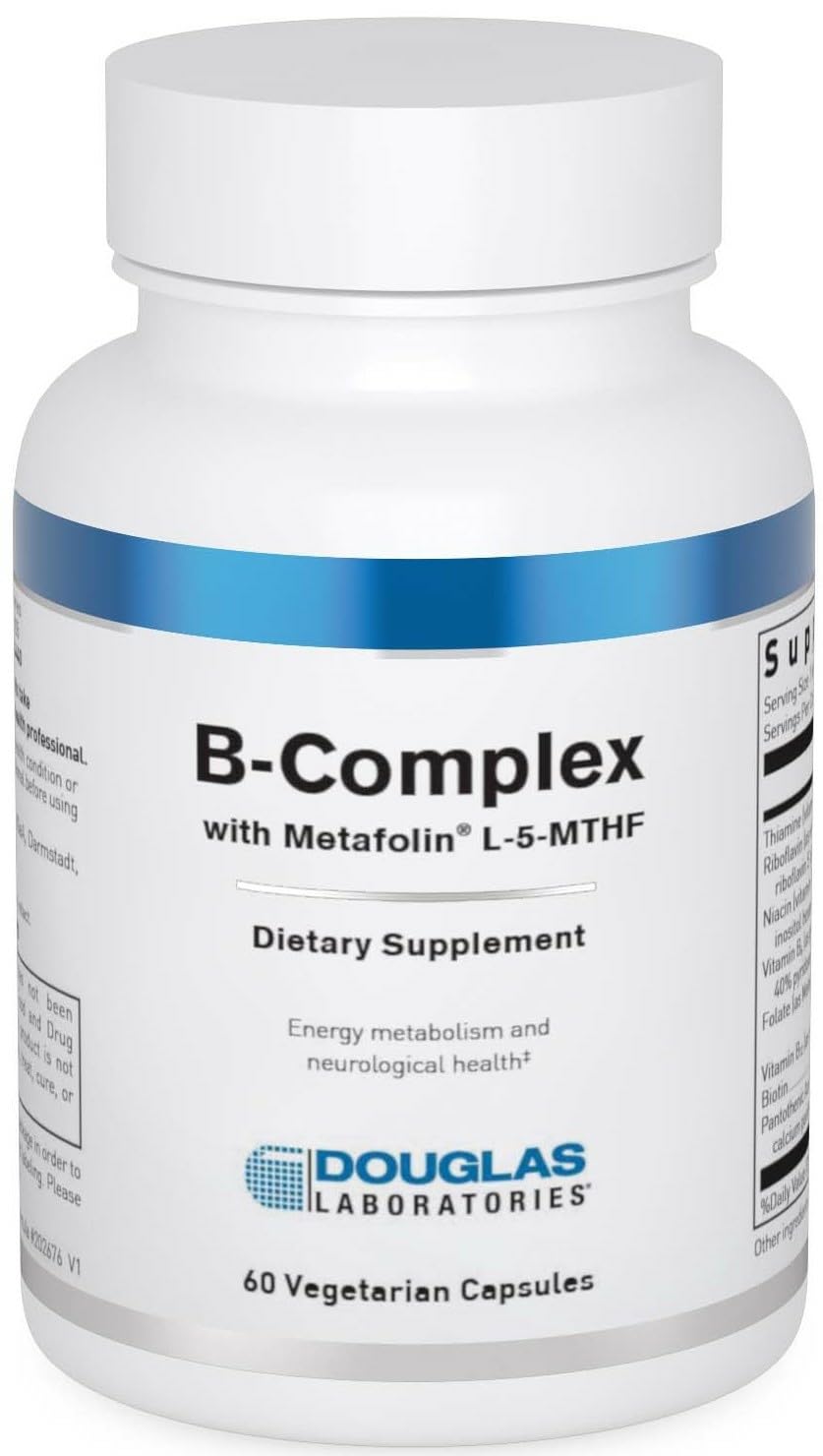 Douglas Laboratories frasco frontal del B-Complex con Metafolin mostrando etiquetado claro y beneficios
