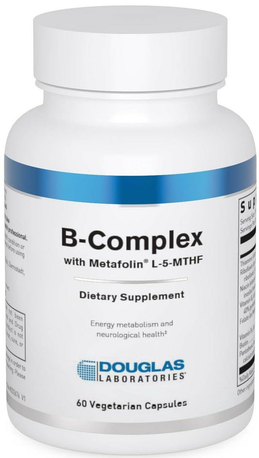 Douglas Laboratories frasco frontal del B-Complex con Metafolin mostrando etiquetado claro y beneficios