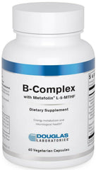 Douglas Laboratories frasco frontal del B-Complex con Metafolin mostrando etiquetado claro y beneficios
