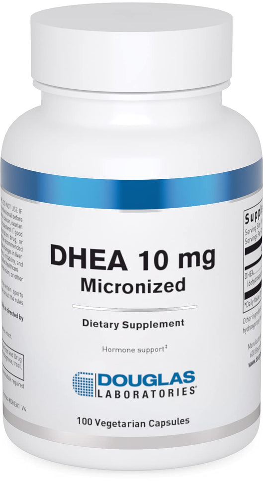 Douglas Laboratories empaquetado frontal que muestra DHEA 10 mg y beneficios