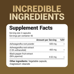 Etiqueta nutricional Dr. Berg Ashwagandha con información de dosificación