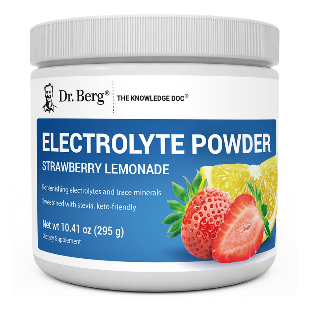 Dr. Berg vista frontal del envase fresa-limonada, hidratación sin azúcar