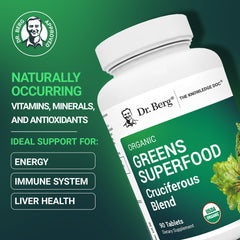 Dr. Berg pilas de tabletas verdes destacando comodidad y dosificación diaria