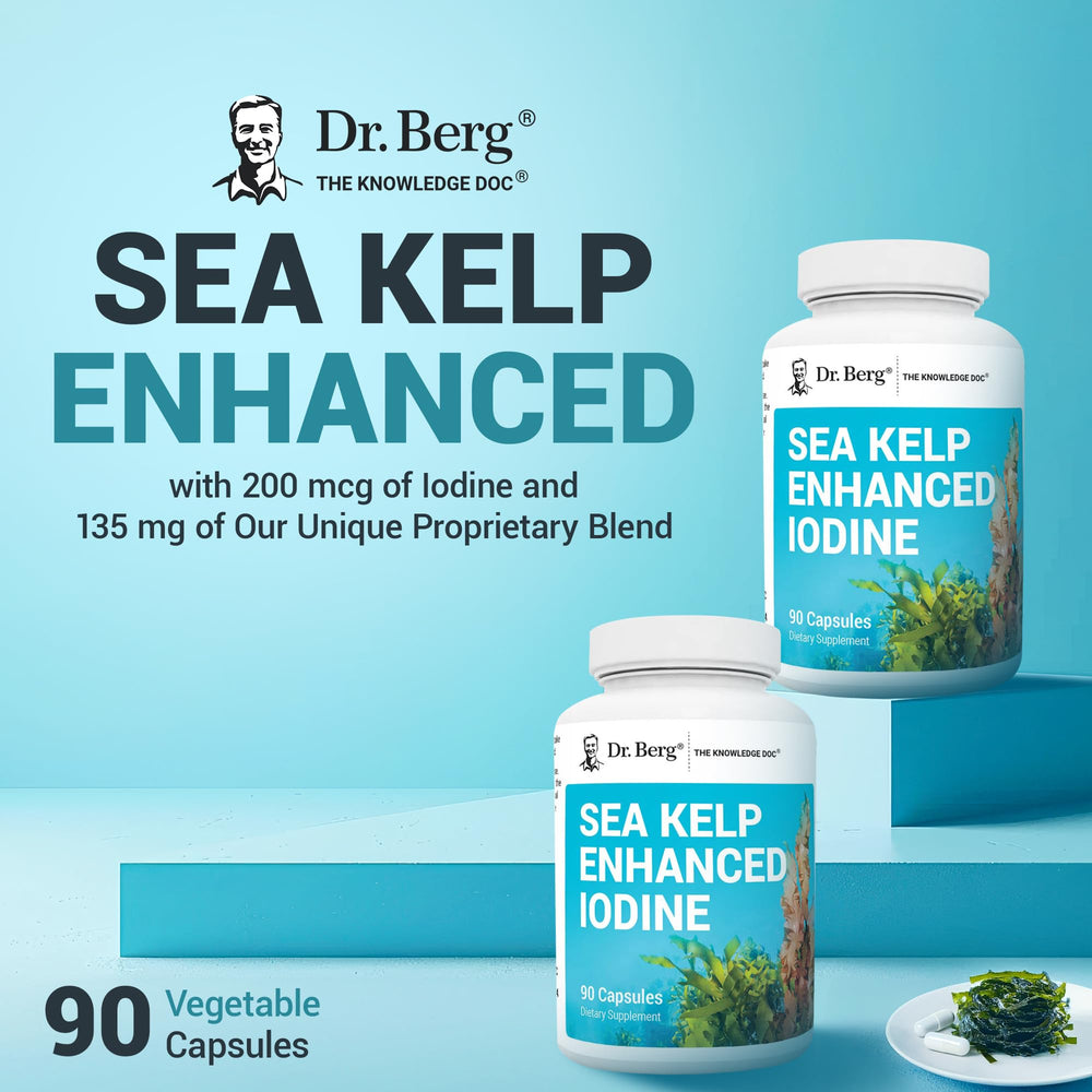 Dr. Berg Sea Kelp textura de algas secas ilustrando origen marino y pureza