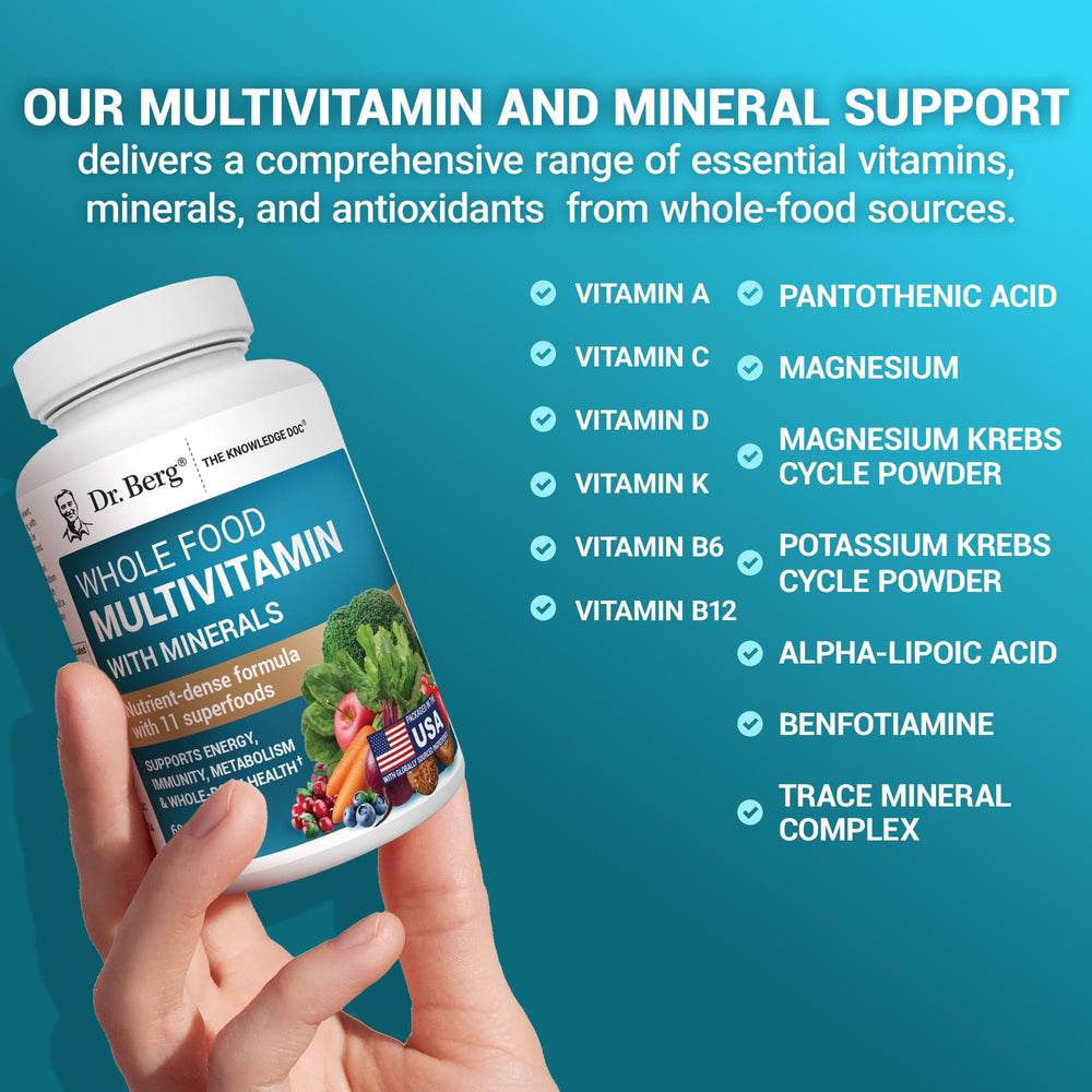 Dr. Berg Nutritionals producto junto a frutas que sugiere aporte de fitoquímicos