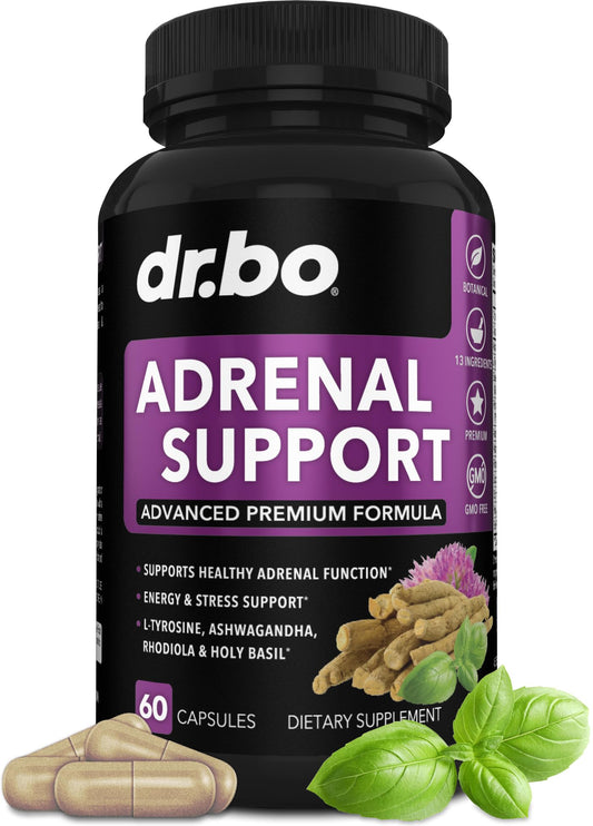 Dr. Bo Adrenal Support: botella de cápsulas para energía diaria.