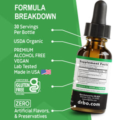 DR. BO primer plano de ingredientes listados, transparencia informativa