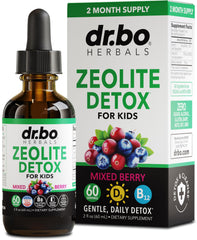 DR. BO frasco frontal de Zeolite Detox para niños, presentación fácil de usar y sabor berry