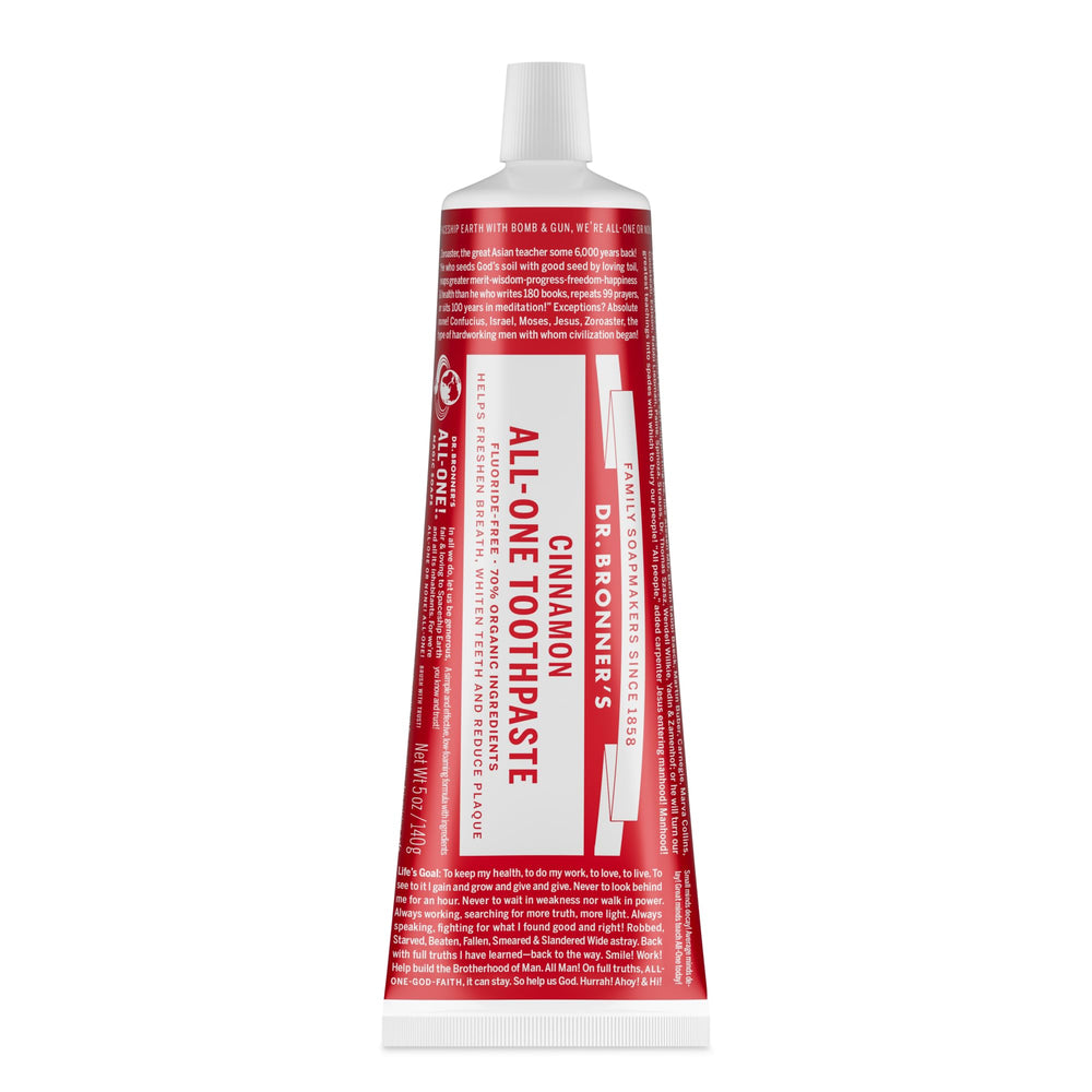 Dr. Bronner's tubo frontal mostrando etiqueta clara y beneficios naturales