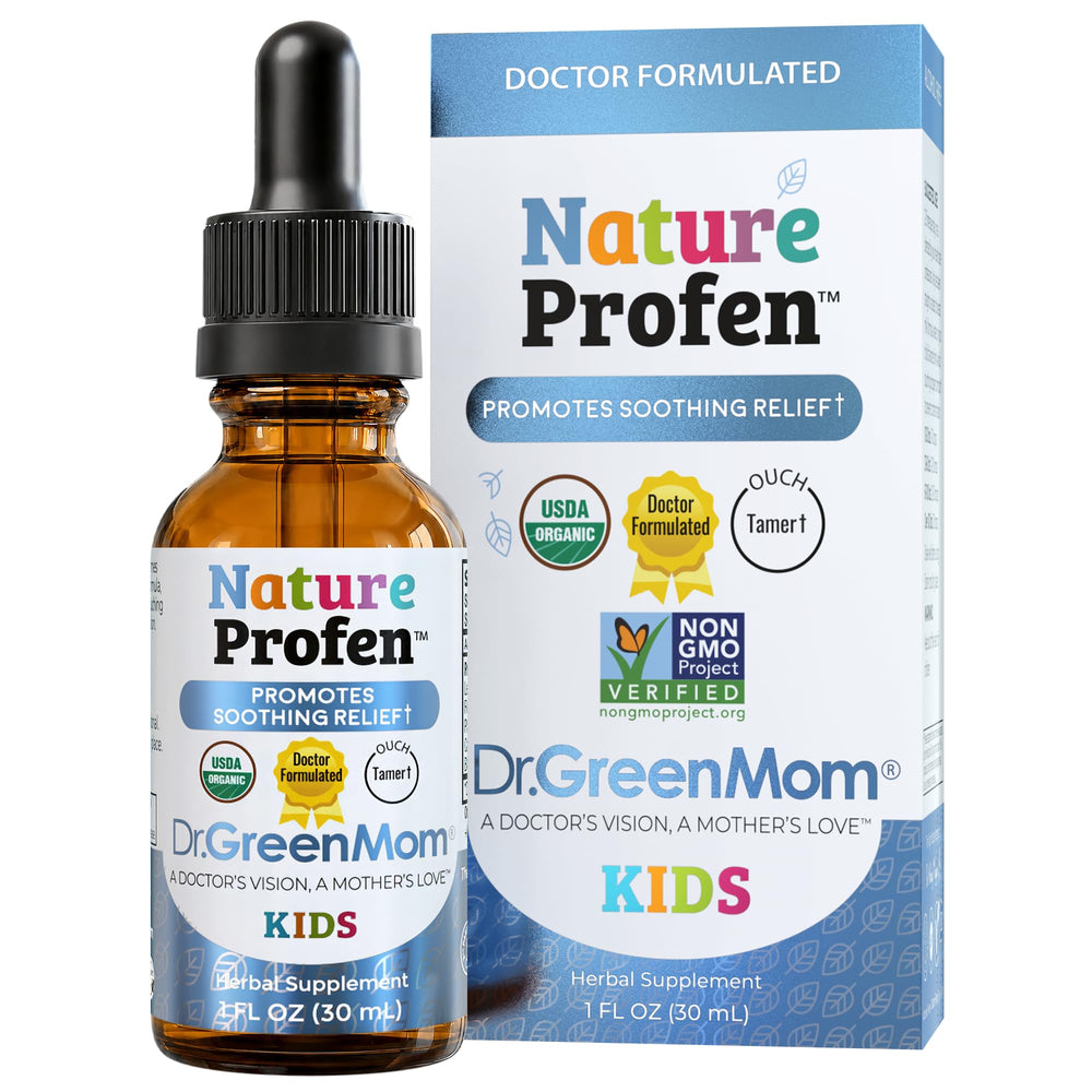 Dr. Green Mom Nature Profen frontal del envase, solución orgánica para alivio infantil