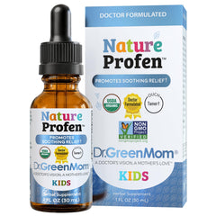 Dr. Green Mom Nature Profen frontal del envase, solución orgánica para alivio infantil
