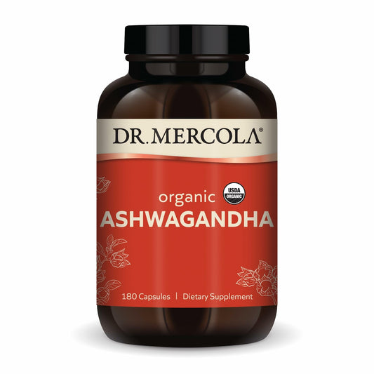 Dr. Mercola frasco frontal de Ashwagandha orgánica mostrando 180 cápsulas y beneficio de suministro prolongado