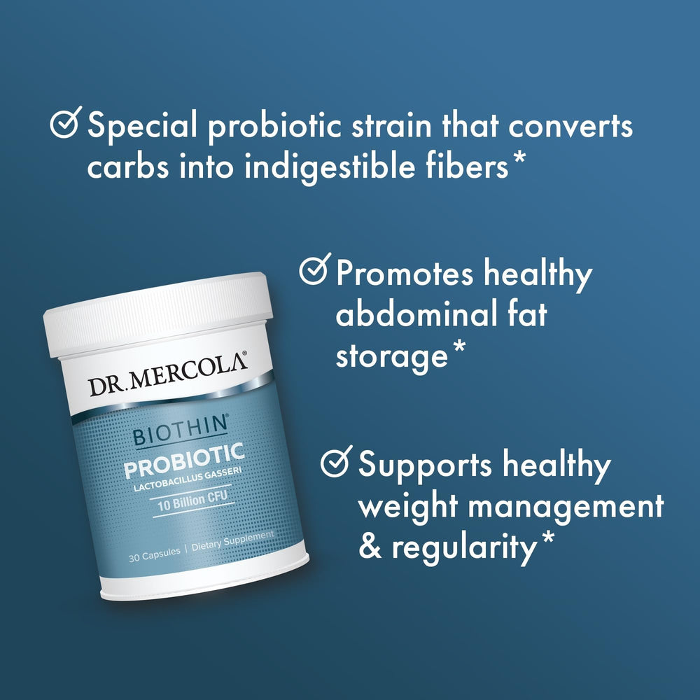 Dr. Mercola Biothin Probiotic cápsula en mano indica tamaño práctico