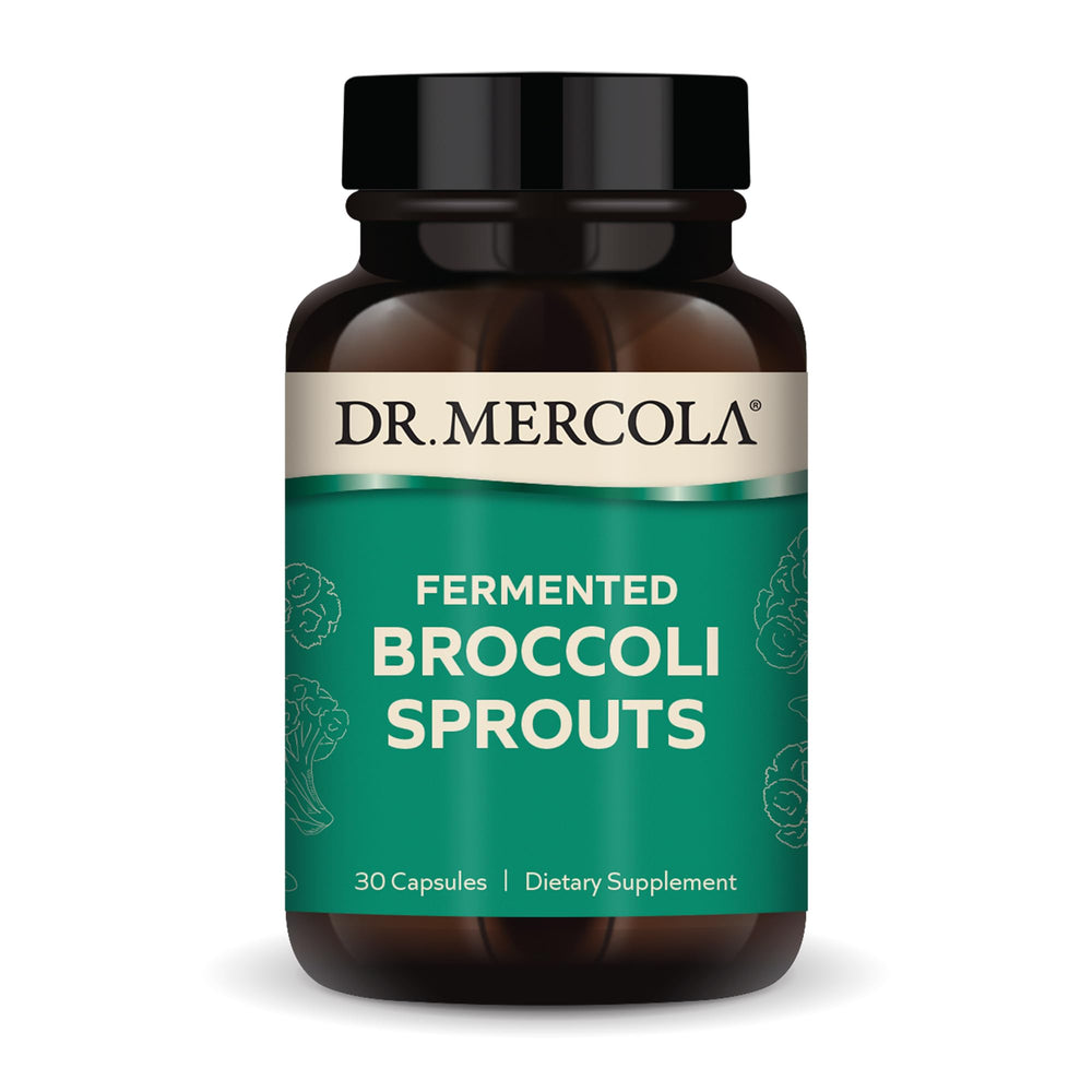 Dr. Mercola envase frontal mostrando brotes de brócoli fermentado y beneficios orgánicos