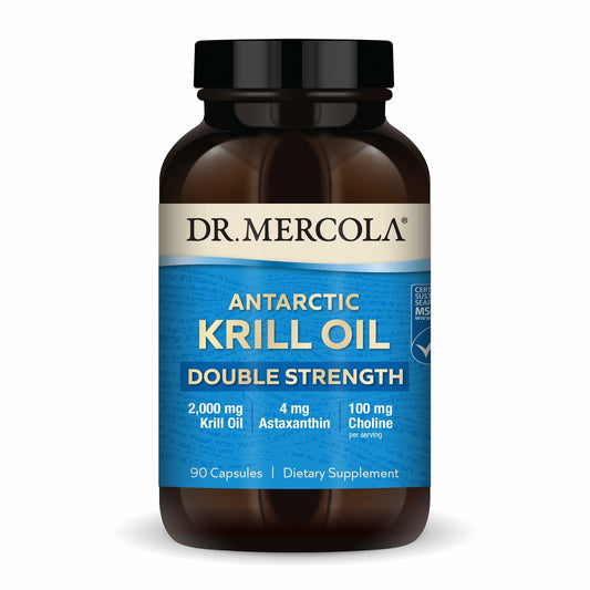 Dr. Mercola envase frontal del aceite de krill mostrando beneficio de omega‑3