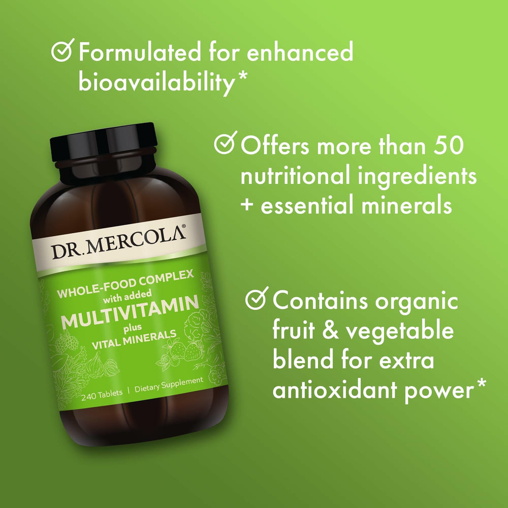 Dr. Mercola mezcla orgánica de frutas y verduras destacando antioxidantes
