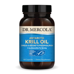Dr. Mercola envase frontal del aceite de kril mostrando presentación y beneficios