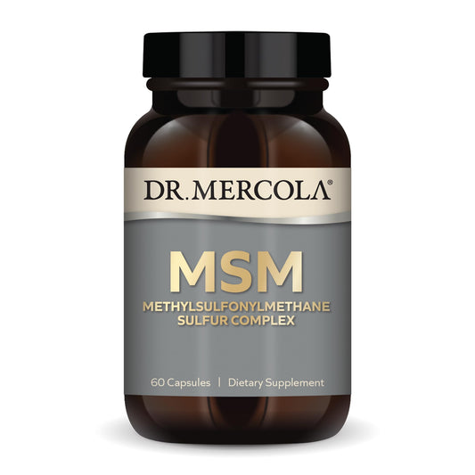 Dr. Mercola envase frontal del MSM Sulfur Complex mostrando la marca y beneficios
