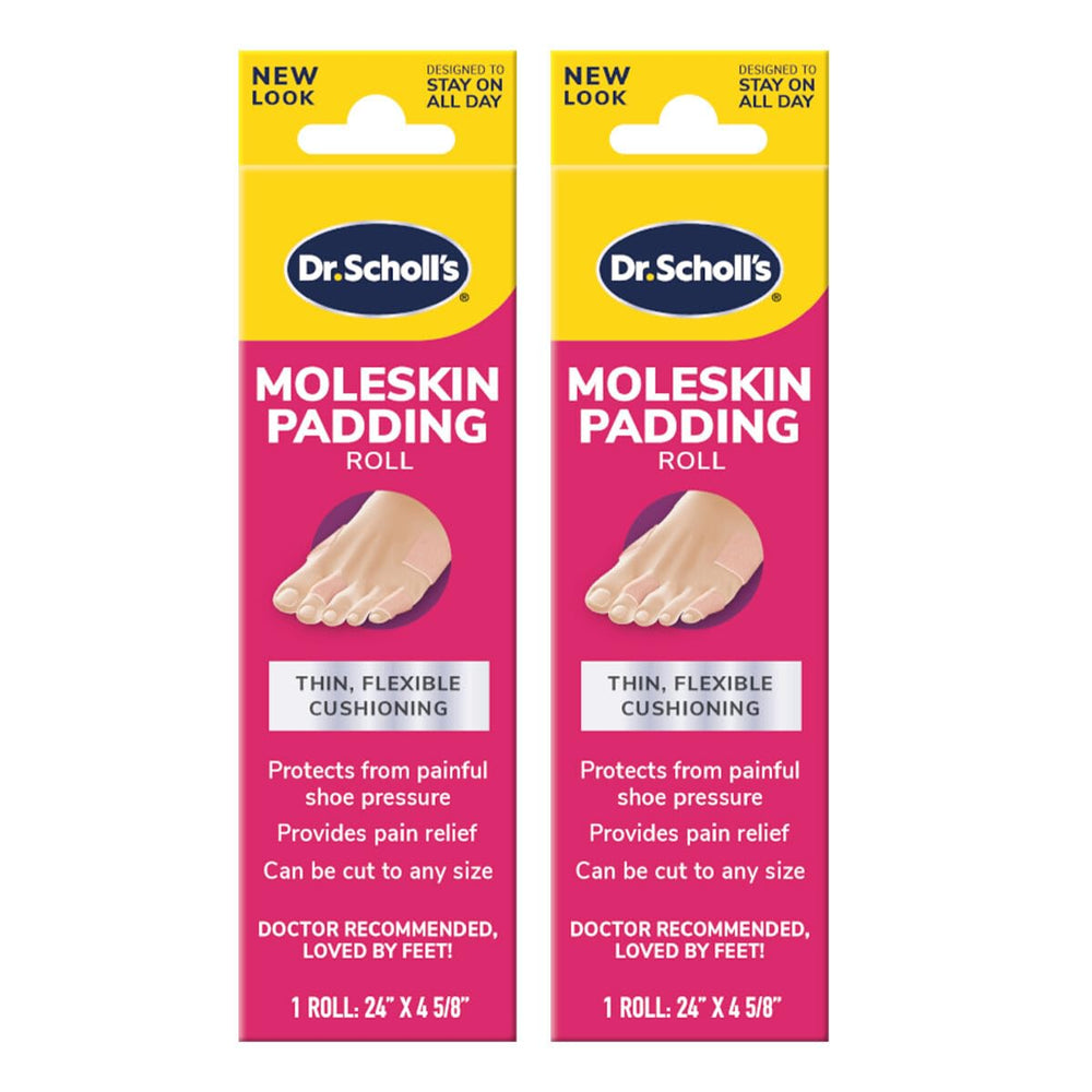 Dr. Scholl's paquete frontal mostrando rollos y marca, protección inmediata