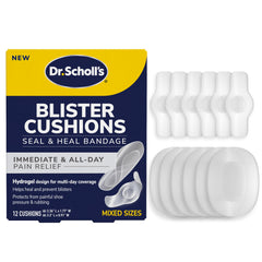 Dr. Scholl's paquete frontal mostrando 12 almohadillas y beneficio de protección