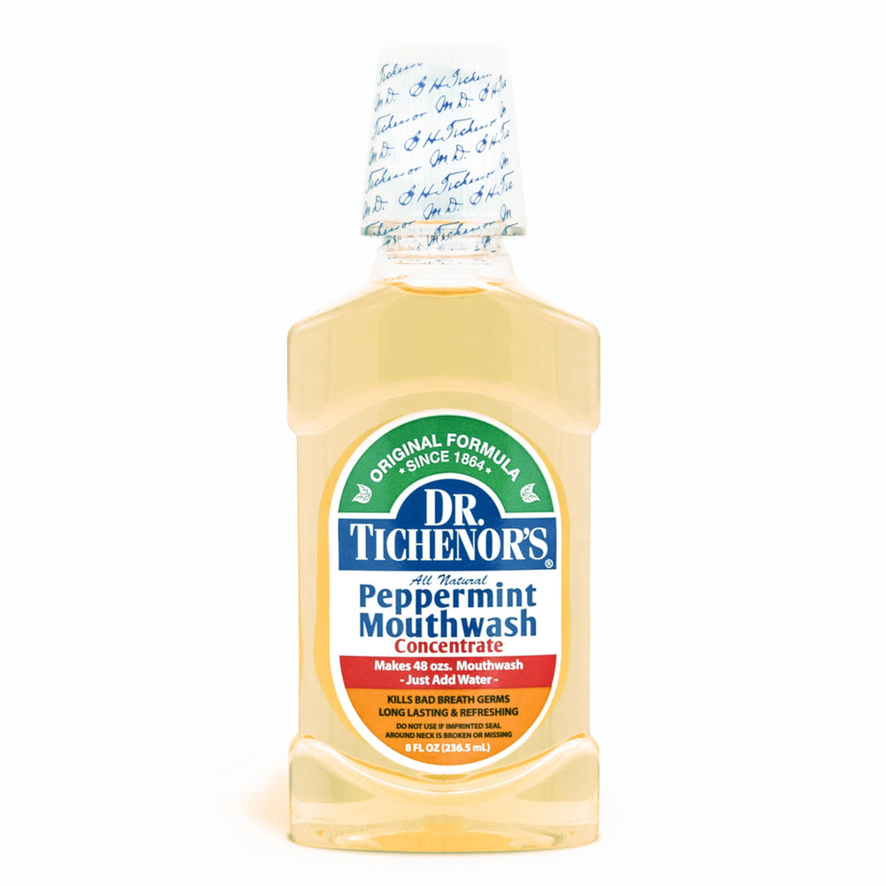 Dr. Tichenor's frasco frontal menta con etiqueta visible y uso práctico