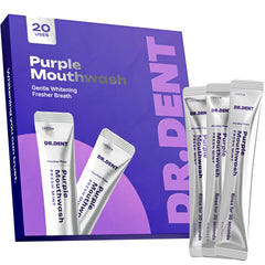 DrDent caja frontal con 20 sobres morados, práctico y portátil para sonrisa más brillante