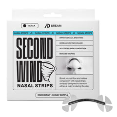 Dream Recovery frontal del paquete negro mostrando 30 tiras y beneficio respiratorio