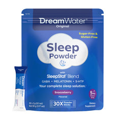 Dream Water frente del empaque mostrando sabor Snoozeberry y beneficio descanso rápido