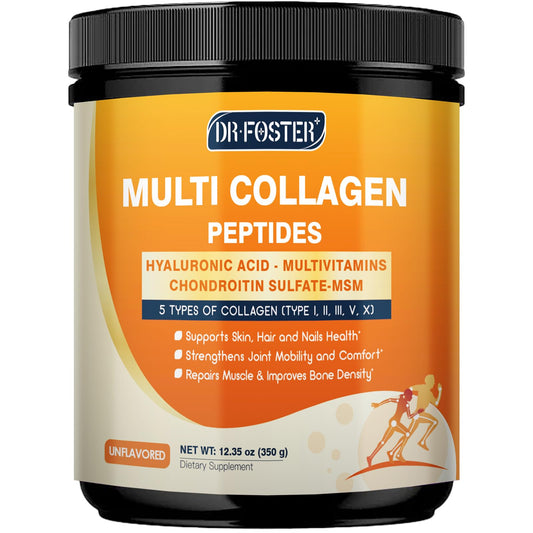 DRFOSTER Multi Collagen Peptides: botella para uso diario con posibles beneficios en piel y uñas.