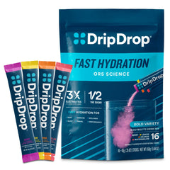DripDrop empaque frontal mostrando 16 sobres y ventaja portátil