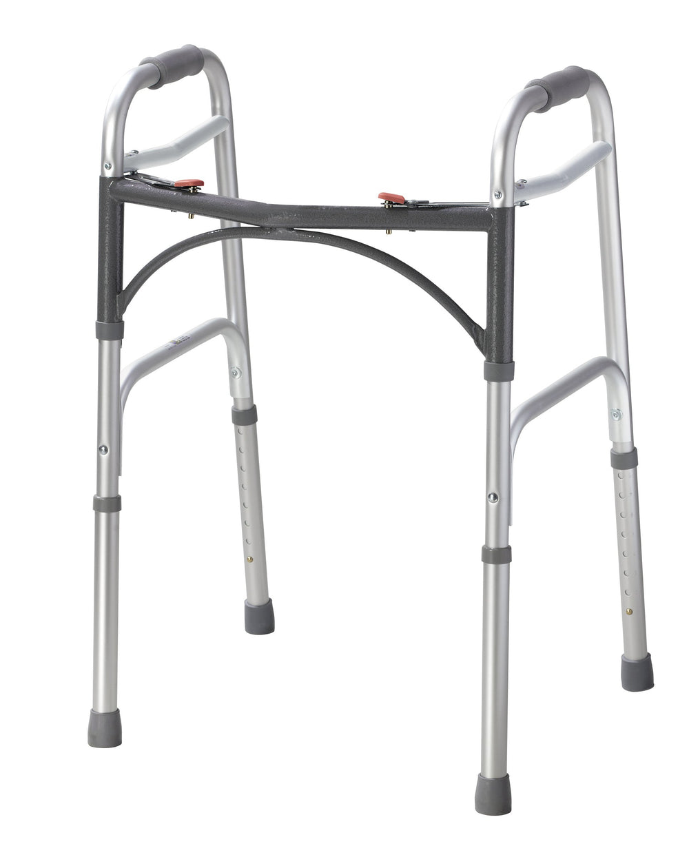 Drive Medical andador frontal plateado mostrando estructura estable y soporte