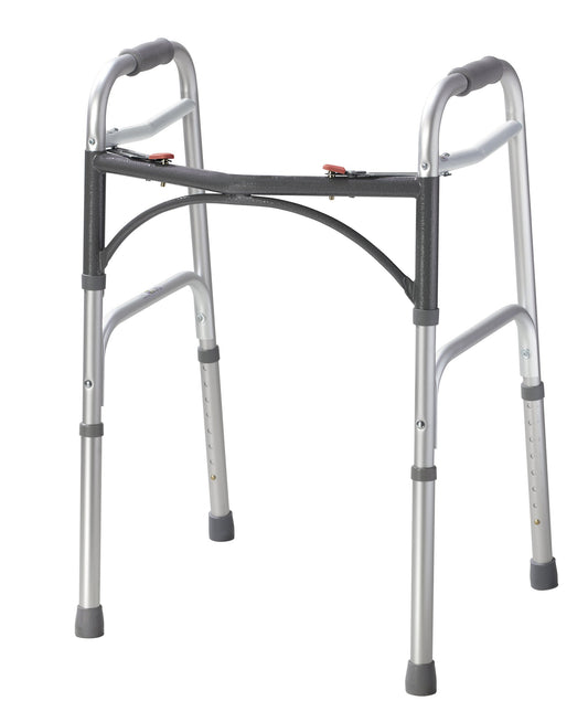 Drive Medical andador frontal plateado mostrando estructura estable y soporte