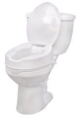 Drive Medical asiento elevado frontal mostrando tapa y ajuste seguro