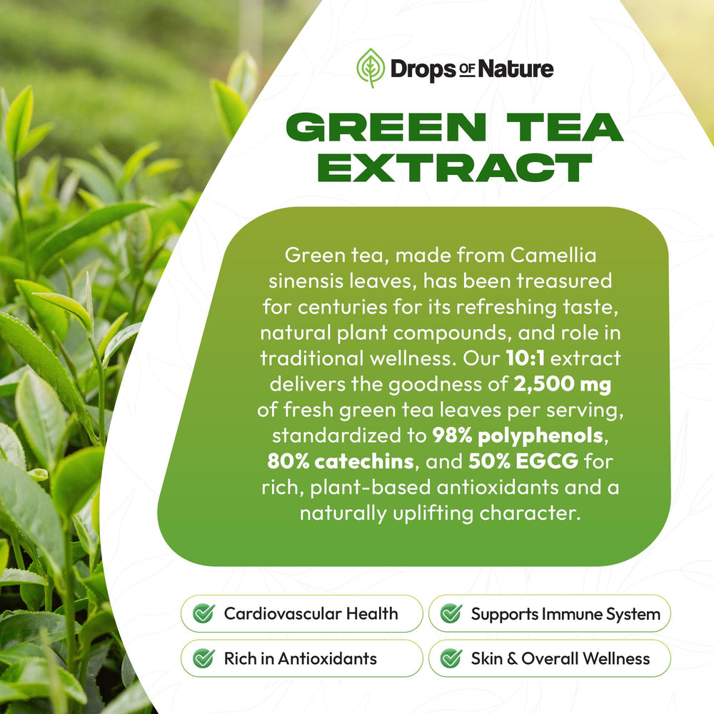 Etiqueta de Drops of Nature con lista de ingredientes y porcentajes de EGCG visibles