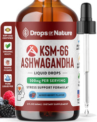 Drops Of Nature frasco frontal de KSM-66 ashwagandha mixed berry mostrando etiqueta clara y beneficio calma