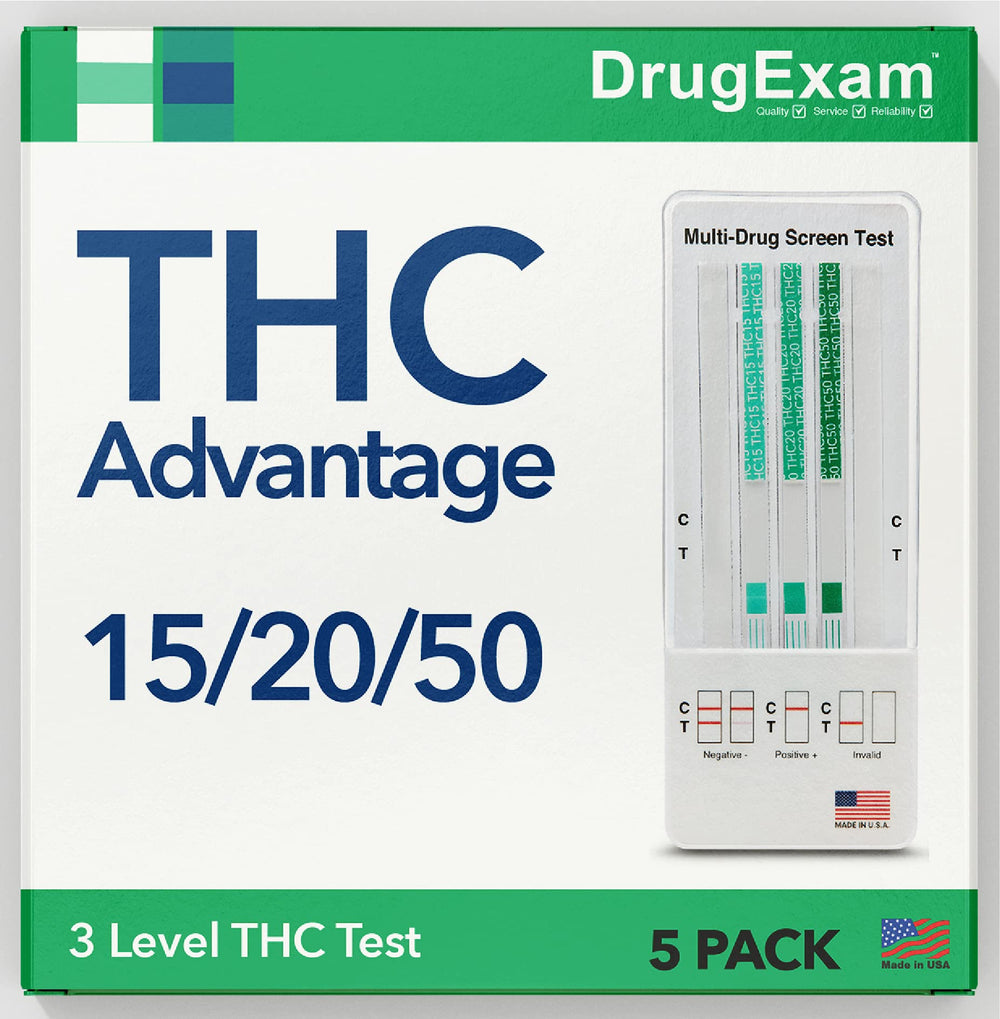 DrugExam frente del empaque mostrando pack de cinco pruebas y beneficios rápidos