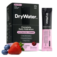 DryWater envase frontal Mixed Berry mostrando bolsita portátil y beneficios