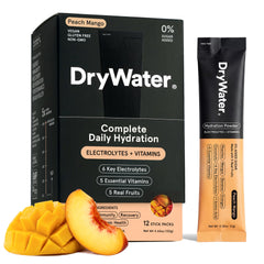 DryWater Peach Mango frente del paquete mostrando diseño y cantidad de sobres